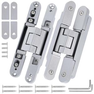 Hidden Door Hinges2 Pcs- 6 x 2 x 1.2 inch Silver Thin Invisible Hinges for Doors Zinc Alloy Concealed Hinge, 3 Way Adjustable Hinges, 180Swing Invisible Hinges for 28-45mm Door Thickness