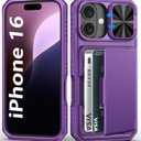 BXYJY for iPhone 16 Wallet Case with Camera Cover, Built-in Card Holder (4-5 Cards), RFID Blocking, Military Grade Protection, Heavy Duty Women Men Protective Phone Case for iPhone 16, Dark Purple