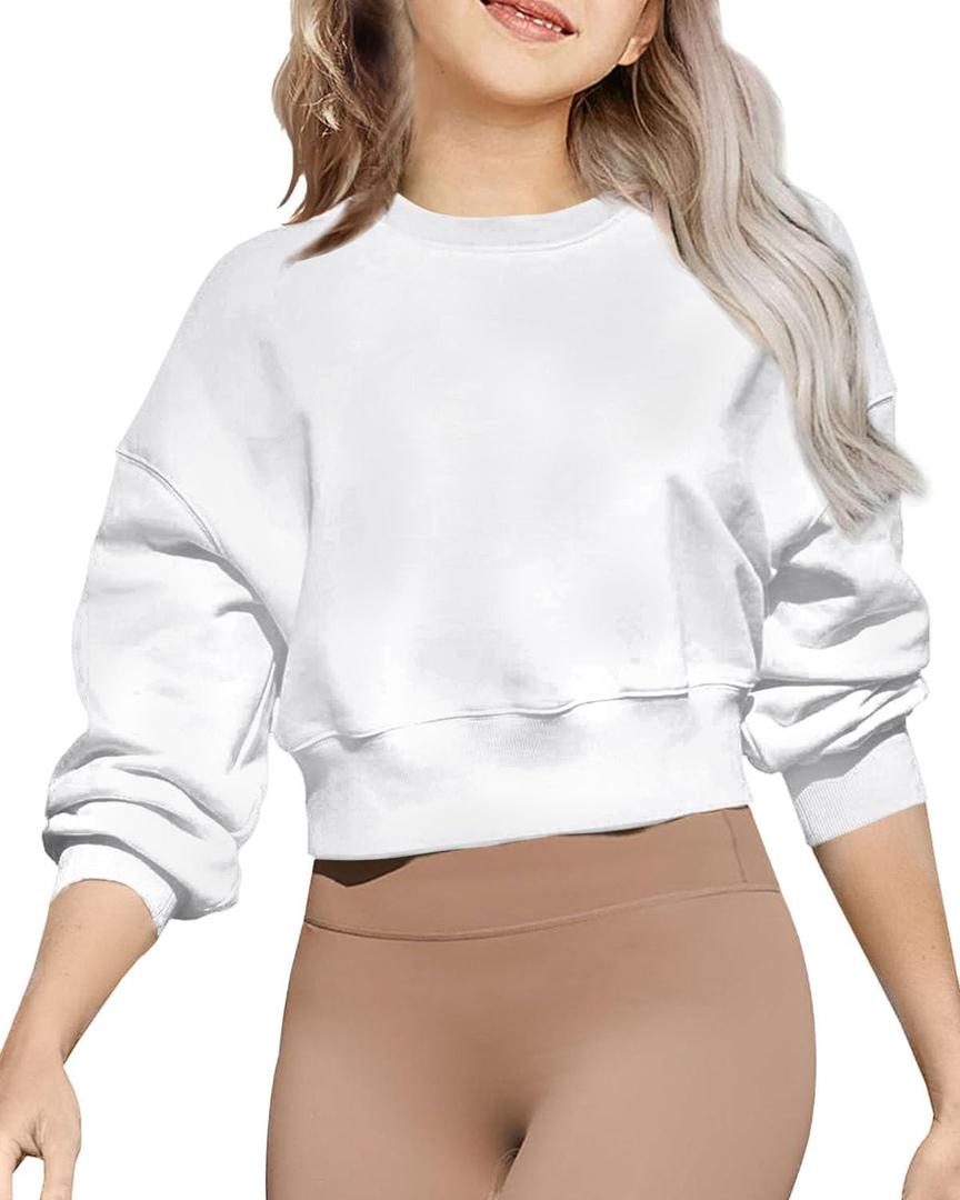 Girls Crew Neck Long Sleeve Cropped Sweatshirts Cute Loose Fit Pullover Tops (13 Years, White)