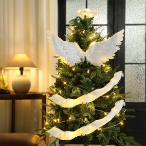 3 Pcs Large Angel Feather Wing Christmas Tree Decors White Angel Christmas Wing Ornaments with Aureole Headband and Faux Fur Ribbon Xmas Tree Topper Crafts for Home Wedding DIY