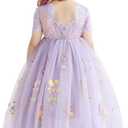 Flower Girl Lace Back V-Neck Dress Full-Length Floral Embroidered Toddler Tutu Tulle Dresses for Girls (6-7 Years, Purple)