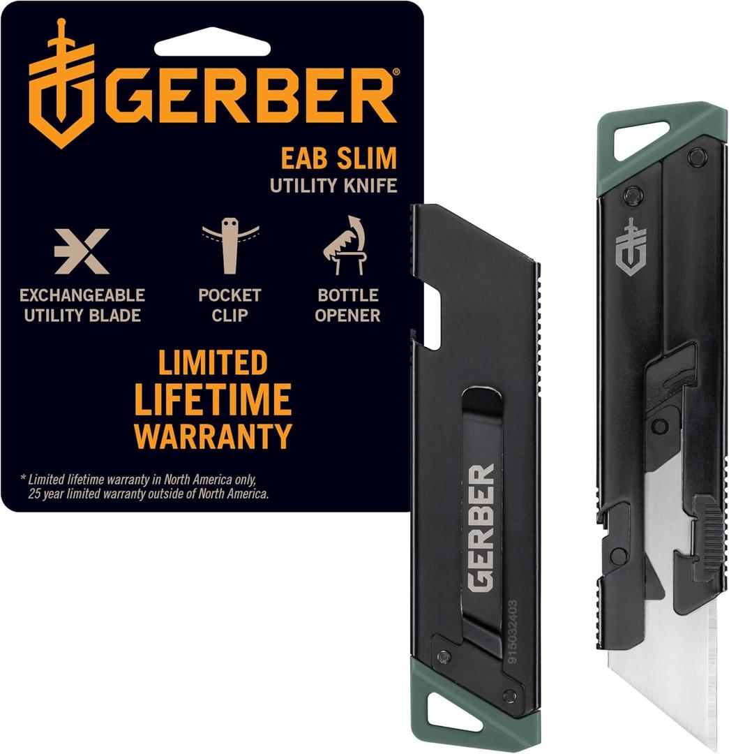 Gerber Gear EAB Utility Knife, Clips to Pocket or Keychain with Replaceable Razor Blade for Everyday Carry, EDC Gear with Box Cutter Retractable, Slim Black