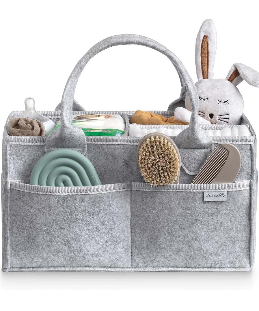 PUTSKA Baby Diaper Caddy Organizer - Nursery Storage Basket for Diaper Station, Baby Basket Shower List and Registry Gift Must-Haves, Newborn Essentials, Nursery Decor for Boy or Girl - Grey, Regular