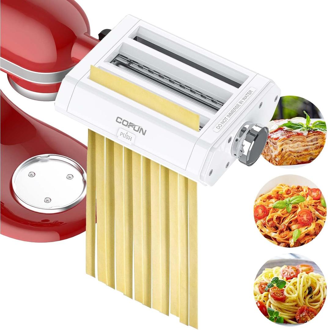 Pasta Attachment for Kitchenaid Mixer Cofun 3 in 1 for Kitchen Aid Pasta Maker Accessories Included Pasta Sheet Roller, Spaghetti Cutter, Fettuccine Cutter (White)