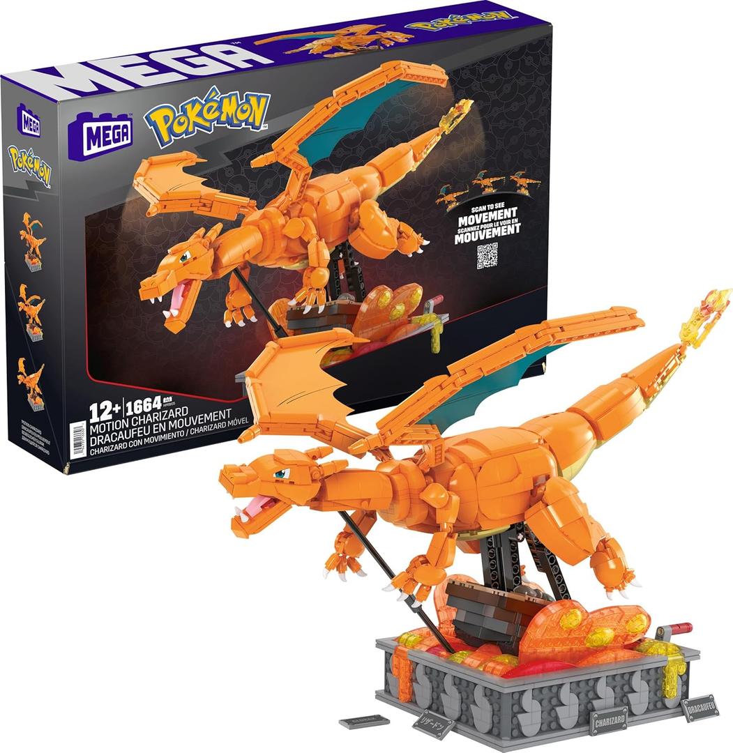 MEGA Pokmon Building Toys Set Motion Charizard with 1664 Pieces and Wing Movement, for Adult Collectors