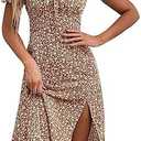 SPRIME Women's Floral Summer Casual Dress Square Neck Puff Sleeve Boho Midi Dresses Ruched Bust High Waist Split Long Dress L