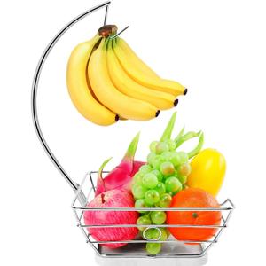 Livabber Countertop Fruit Basket Bowl with Banana Hanger, Modern Standing Fruit Vegetable Bowl Storage, with Banana Tree Holder for Kitchen Dinning Table (Square Marble, Chrome)