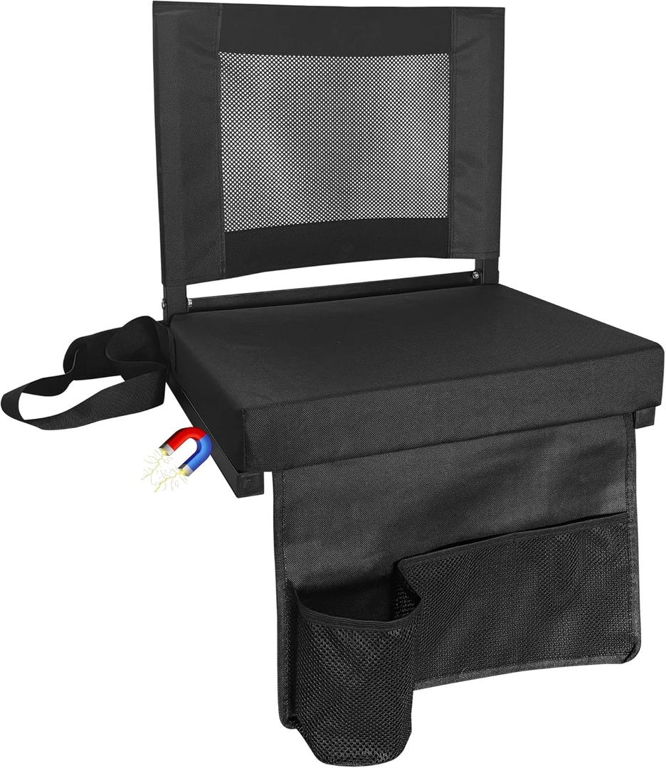 Stadium Seats for Bleachers with Back Support, Bleacher Chairs with Backs and Cushion Wide, Portable Folding Seats with Magnetic Bottom Strips, Includes Shoulder Strap - Black (1, Black)