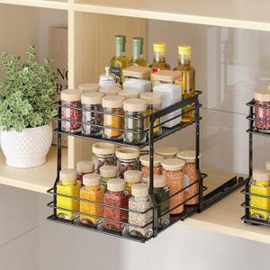 PanPanPal Pull Out Spice Rack Organizer for Inside Cabinet, 2 Tier Metal Spice Organization for Cabinet, 9.65"W x 10.7"D x 10.24"H, Vertical Slide Out Seasoning Organizer (Not for Cabinet with Lip) (Black)