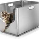 Stainless Steel Litter Box 13.8'' High Sides, XL Metal Cat Litter Box with 4.7'' Curved Low Entry, Cat Litter Pan for Big & Multiple Cats, Pet Toliet with Handy Wheels for Easy Moving
