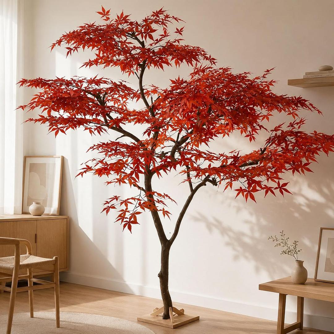 Artificial Japanese Maple Tree 7FT - Large Faux Fall Maple Tree with Realistic Red & Orange Leaves Tall Fake Floor Plant Indoor for Home Office Living Room Patio Decor