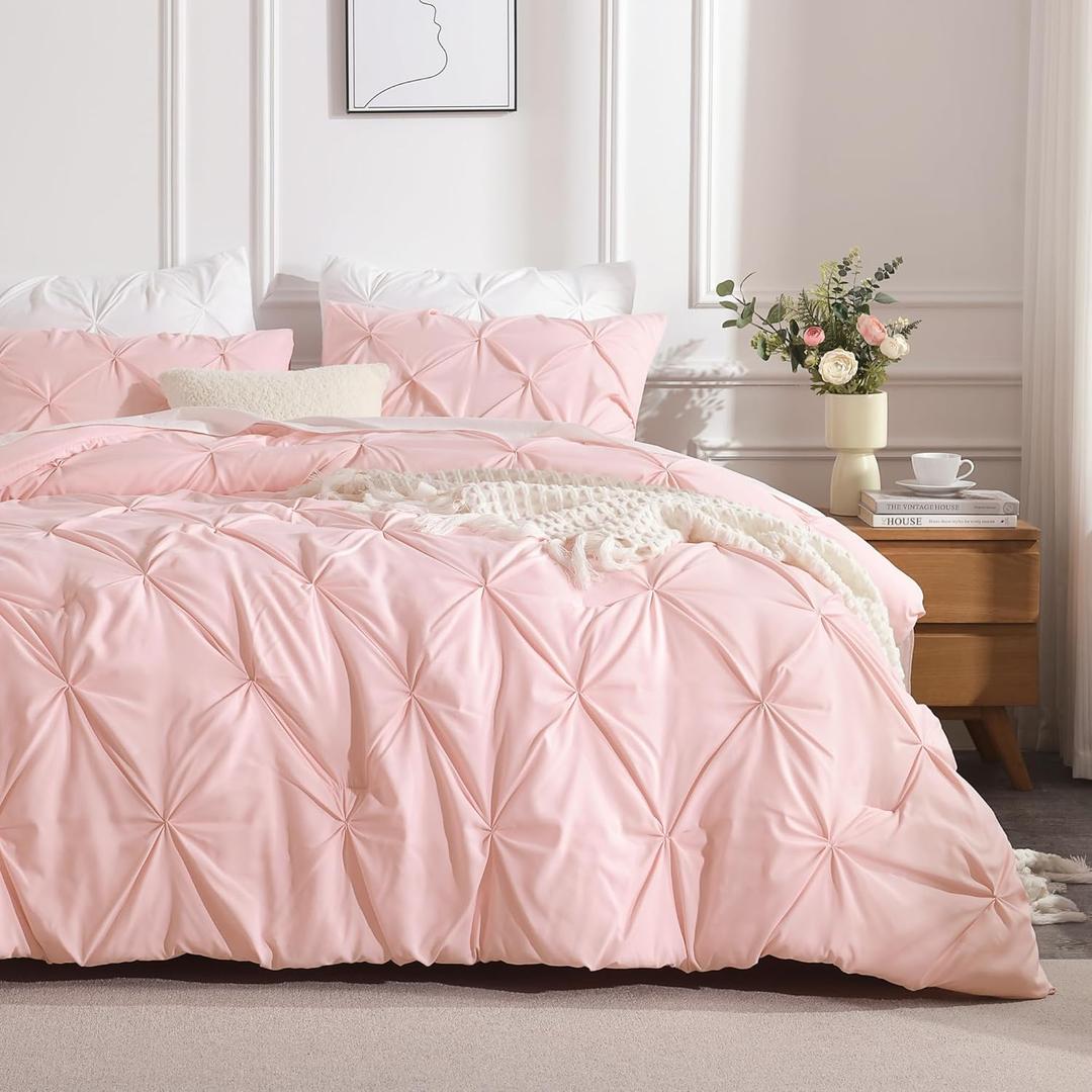 Andency Pink Comforter Set Queen(90x90Inch), 3 Pieces Soft Lightweight Cute Pinch Pleat Comforter Set for Queen Bed, All Season Western Warm Bed Set for Girls Women