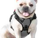 PHOEPET No Pull Dog Harness Medium Reflective Front Clip Vest with Handle,Adjustable 2 Metal Rings 3 Buckles,[Easy to Put on & Take Off](L, Grey)