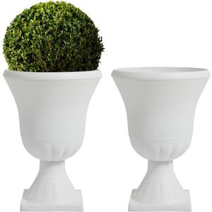 Worth Garden 2-Pack Plastic Urn Planters - 22'' Tall Round Classic Resin Flower Pots Pure White Traditional Large Plant Pots for Front Porch Patio Deck Wedding Decoration Pot - Indoor & Outdoor, 15'' Dia. x 22'' H