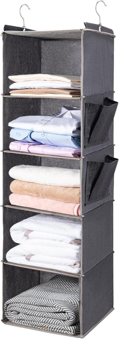 BOOMIBOO Hanging Closet Organize and Shelves，5-Hanging Shelf with 2 Side Pockets，Storage Foldable （Grey）