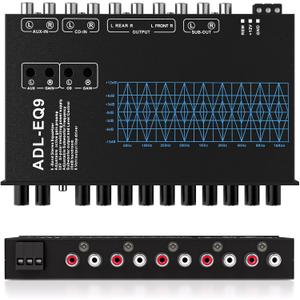 9 Band Car Audio Equalizer, Car Graphic Equalizer EQ W/Front, Rear +Sub Output, 8V RMS Line Driver, Frequency Adjustable Audio Output for Car, Boat W/CD/AUX Input, White Light Illumination
