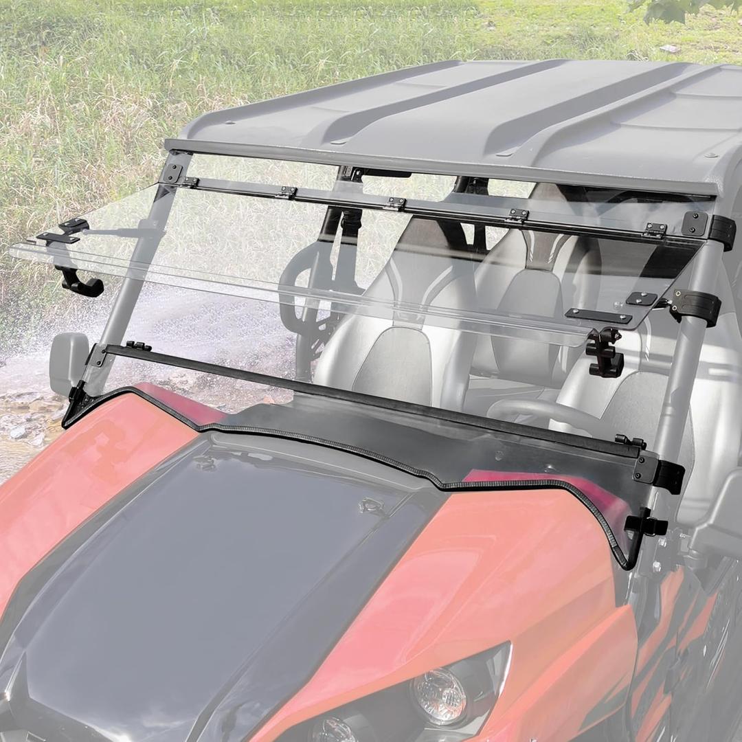 3-IN-1 Flip Up Windshield for Kawasaki Teryx 800 / Teryx4 800 2016-2025 Accessories, 1/5" Hard Coated Poly Adjustable Fold Down Full Front Flip Windscreen Window, Open/Vented/Closed (Clear)