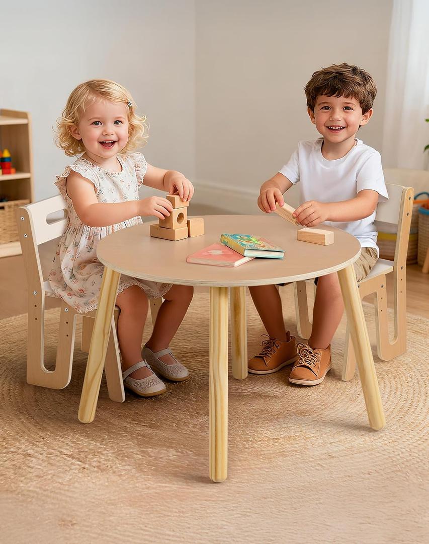 ROBUD Wooden Toddler Table and Chair Set, 2 Height Adjustable Toddler Chair Ages 3-8, Kids Desk for Classroom/Daycare/Home, Children Multi-Activity Table, WG425
