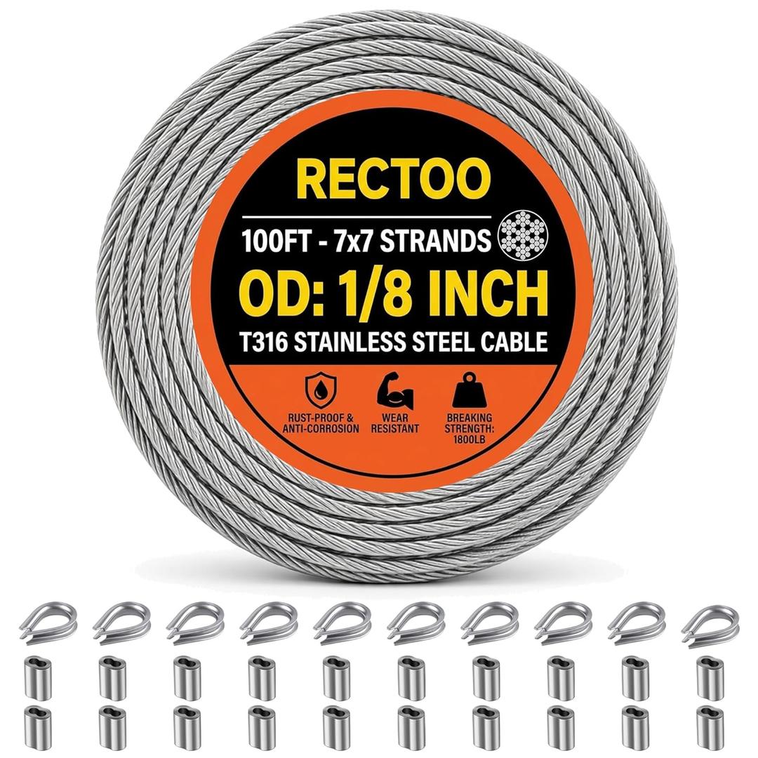 RECTOO 100FT 1/8" T316 Stainless Steel Cable with Cutter, 7x7 Strands Aircraft Wire Rope for Deck Railing, Stair Handrail, Porch Fence, High Strength for Indoor and Outdoor Use