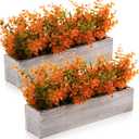 Lyrow 2 Pack Artificial Eucalyptus Plant in Rectangular Rustic Wooden Planter Box Faux Potted Herb Plant Table Centerpiece for Kitchen Windowsill Shelf Decor (Fall,16.1 x 3.7 x 8.7 '')