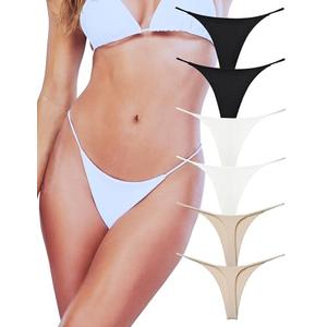 KUKU PANDA Sexy G String Thongs for Women Stretchy Cotton Panties Ladies No Show Underwear 6 Pack Set (Black White Beige, Small)