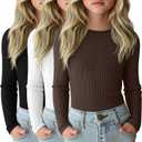 3 Pack Girls Long Sleeve Shirts Ribbed Knit Cotton Layering Tops Slim Fit Crewneck Casual Undershirts (11-12 Years, Black, White, Brown)