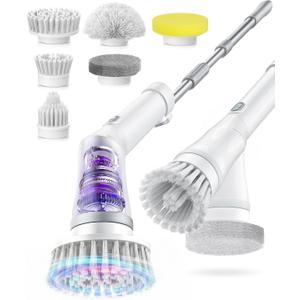 6-in-1 Electric Spin Scrubber, Cordless Power Scrubber with 47.2" Long Extendable Handle, 2-Speed Scrub Brush with Cleaning Scouring Pads, IPX7 Waterproof for Tile & Floor Cleaning, White-qb2