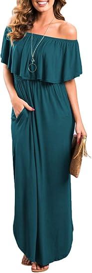 Sarin Mathews Womens Off The Shoulder Ruffle Party Dress Casual Side Split Beach Long Maxi Dresses with Pockets, XL, green, 60" L