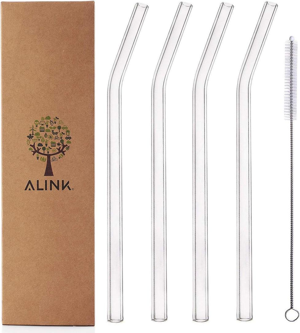 ALINK Glass Smoothie Straws, Reusable Clear Bent 9 in X 10 mm Drinking Straws, Set of 4 with Cleaning Brush