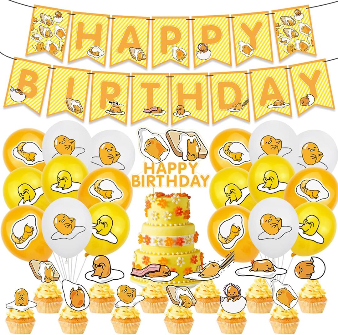 Gudetama 32Pcs Birthday Party Supplies Set - Favors, Cake Topper, Cupcake Toppers, Banner, Balloons for Kids Gudetama Birthday Party Decorations