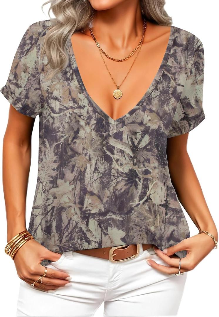 Tie Dye V-Neck Shirts Sexy Tops for Women Deep V-Neck Short Sleeve Shirt Summer Vintage Loose Basic Shirts