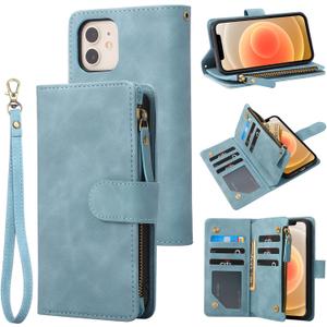 RANYOK Wallet Case Compatible with iPhone 12/12 Pro (6.1 inch), Premium PU Leather Zipper Flip RFID Blocking Wallet with Wrist Strap Magnetic Closure Built-in Kickstand Protective Case - Baby Blue