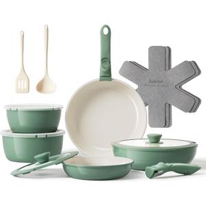 Redchef 16pcs Ceramic Pots and Pans Set Non Stick, Nonstick Ceramic Cookware Set with Detachable Handle, Non Toxic, PFAS PFOA & PTFE Free RV Cookware for Camping, Dishwasher/Oven Safe (Green)