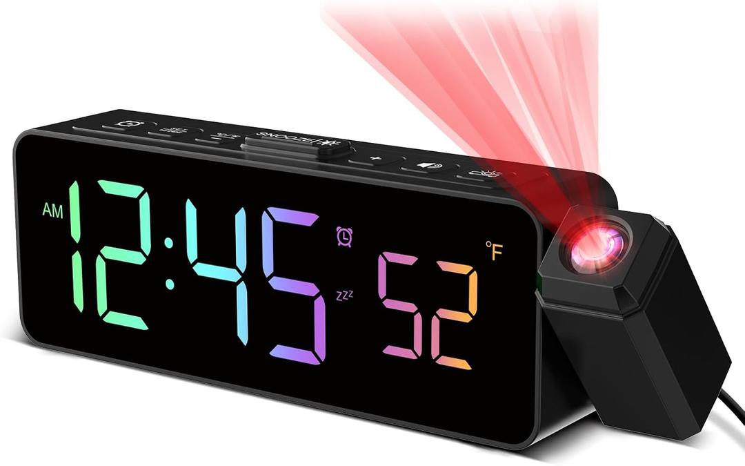 Netzu Projection Alarm Clock for Bedroom Ceiling, Small Compact Plug-in Digital Clocks with 180 Rotatable Projector, Temperature 4 Levels Birghtness, 3 Volumes and Snooze (RGB)