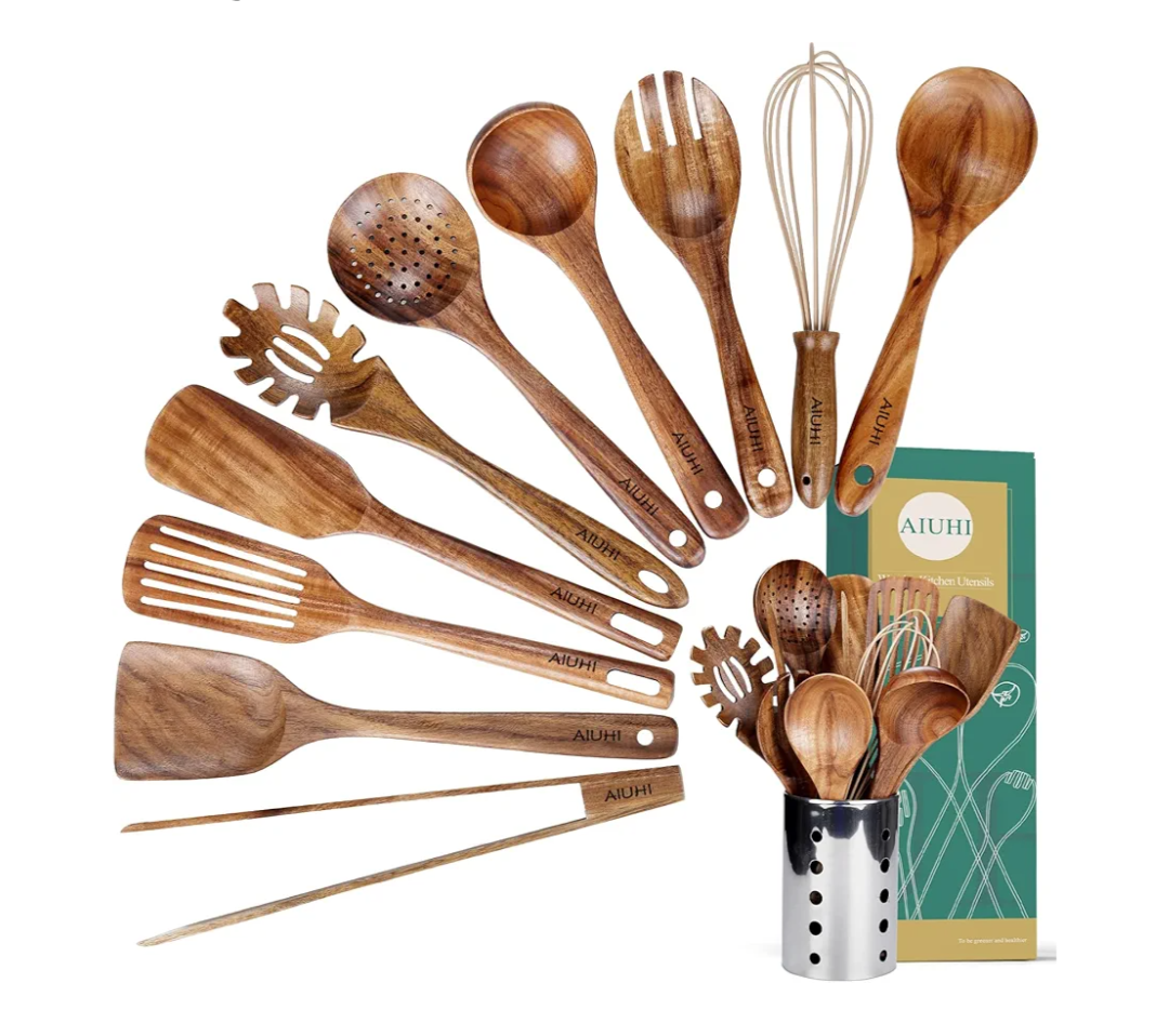 Kitchen Utenails Set with Holder,Kitchen Wooden Utensils for Cooking, Wood Utensil Natural Teak Wood Spoons for Cooking,Wooden Kitchen Utensil Set With Spatula and Ladle (11)