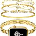 Slim Golden Band and 3Pcs 14k Golden Bracelet Set Women Feminine Elegant Compatible with Apple Watch 38/40/41/42mm(S10/11) Adjustable Metal Dressy Strap for iWatch Series 11/10/9/8/7/6/5/4/SE/3/2/1