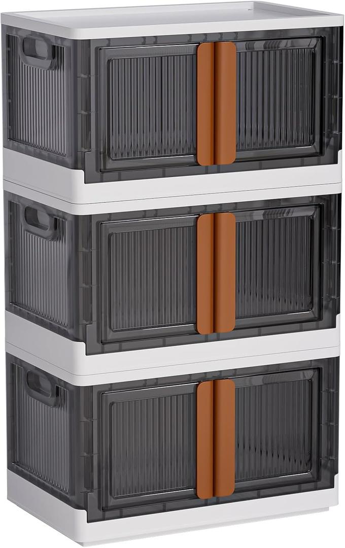 LCG 3-Tier Foldable Plastic Storage Bins with Lids and Doors, 57 Gallon (19 Gal x 3pack), Stackable Organizer Drawer (Large)