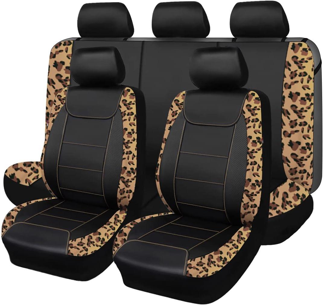 Flying Banner car seat Covers Protects Leopard Printing Velvet Faux Leather Carbon Fiber Front and Rear Bench (Leopard Brown Black, Full Set - 8PCS)