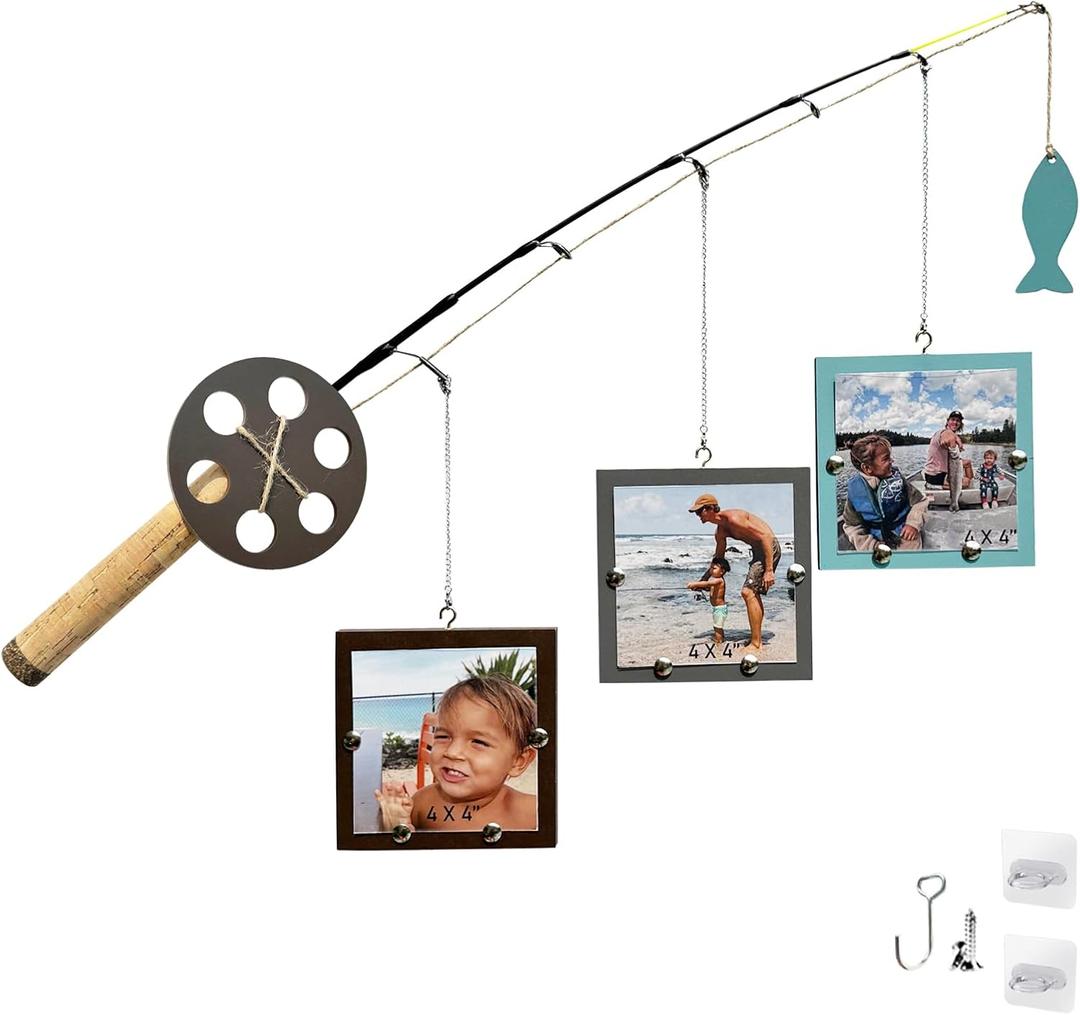 Wood Fishing Pole Picture Frame - Three 4''x4'' Frames, Real Fishing Rod Design, Adjustable Hanging - Fishing Decor for Lake House, Cabin, Farmhouse Wall, Boys Room, Fishing Lovers, Fisherman
