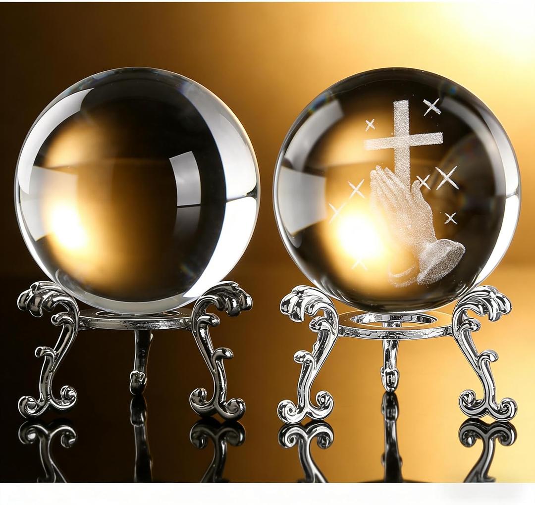 2-Piece 3D Engraved Praying Hand Cross & Clear Crystal Balls with Silver Stands, Christian Religious Gift, Glass Sphere Paperweight for Home Office Decor, Faith Gifts for Women Friend