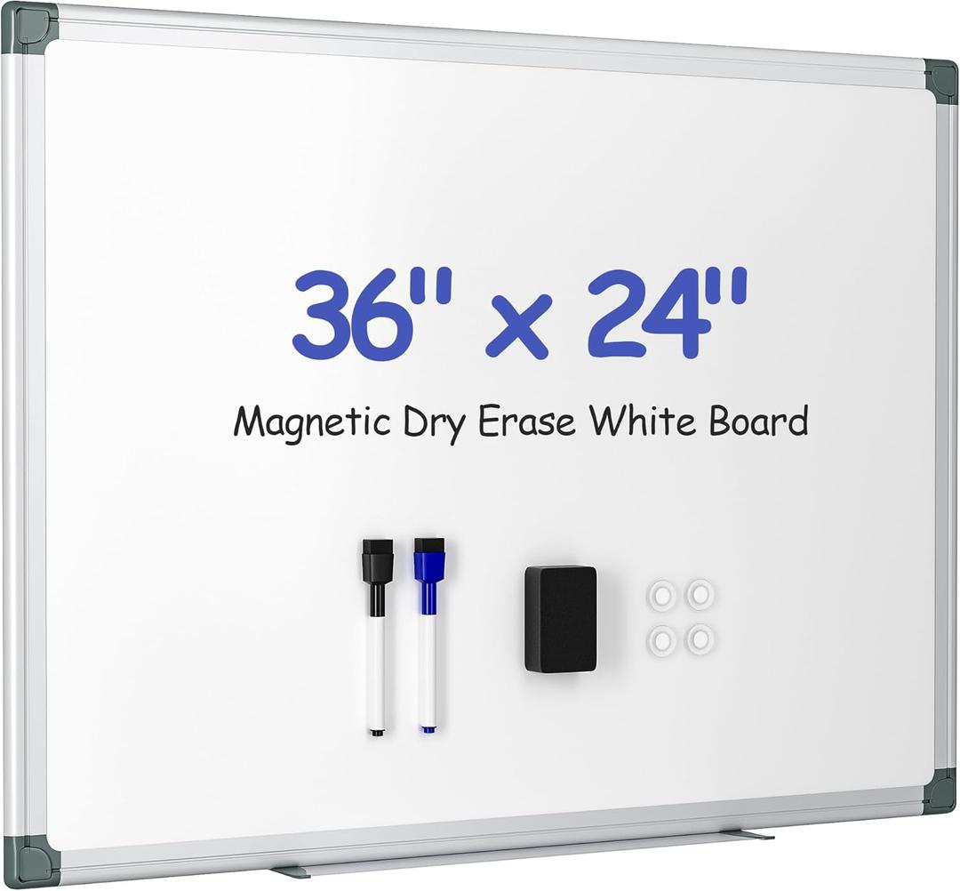 Magnetic White Board for Wall, 36" x 24" Dry Erase Board Kit with 2 Magnetic Dry Erase Markers, 4 Magnets, Eraser, Pen Tray & Mounting Kit  White Board Dry Erase for Home, Office, School (Silver)