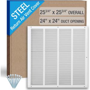 24 x 24 Inch (Duct Opening) Return Air Vent Cover, Louvered Steel HVAC Grille for Wall and Ceiling, White Powder-Coated Rust-Resistant Finish, Decorative Design, Easy to Install