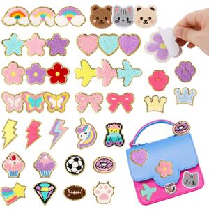 Jspupifip 40 Pcs Chenille Embroidered Patches, Self Adhesive Glitter Patches Flowers Stars Hearts Rainbows Butterflies Cat Paws Diamonds Lightning Fabric Stickers for Clothes Repair Decor Accessories