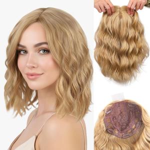 LEEONS 11 Inch Short Wavy Wiglet for Women, 6.5"x6.5" Base Breathable Synthetic Hair Topper, Instant Volume & Natural Coverage for Thin/White Hair (24A#-Light Brown)