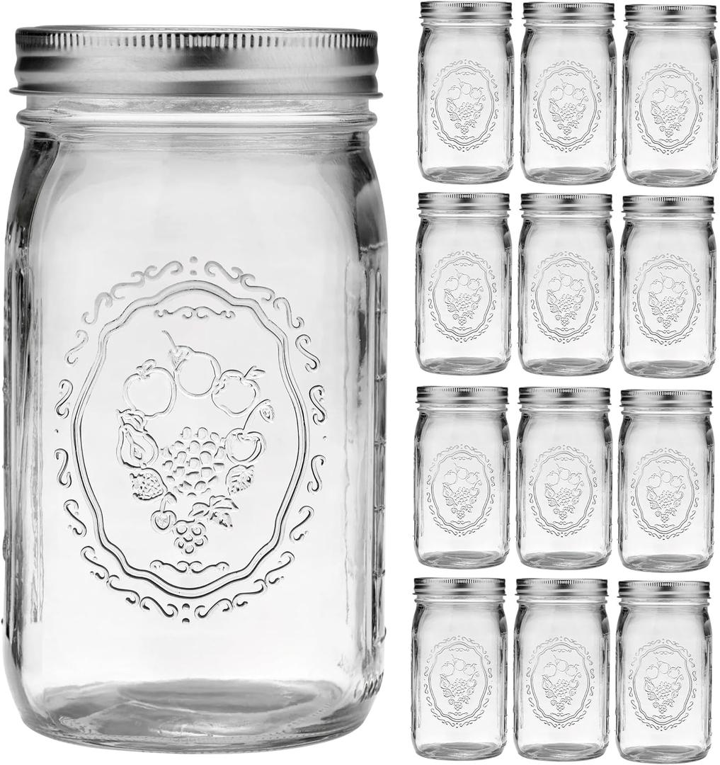 Esrentle Mason Jars 32 oz Wide Mouth - 12 Pack Quart Glass Mason Jars with Airtight Lids and Bands for Canning, Pickling, Food Storage, Fermenting, Leak Proof, Reusable