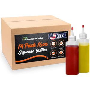 Made in USA 14-pack Plastic Squeeze Bottles for Sauces - 16oz Condiment Squeeze Bottles for Liquids, BPA Free Squirt Bottles with Cap - Ketchup, Syrup, Oil, Dressings, Honey & Arts and Crafts
