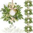 4 Pcs Green Eucalyptus Swag Wreaths for Pillars Spring Summer Kitchen Cabinet Wreaths Mini Green Berry Leaves Wreath with Ribbon for Front Door Porch Wall Window Farmhouse Decoration