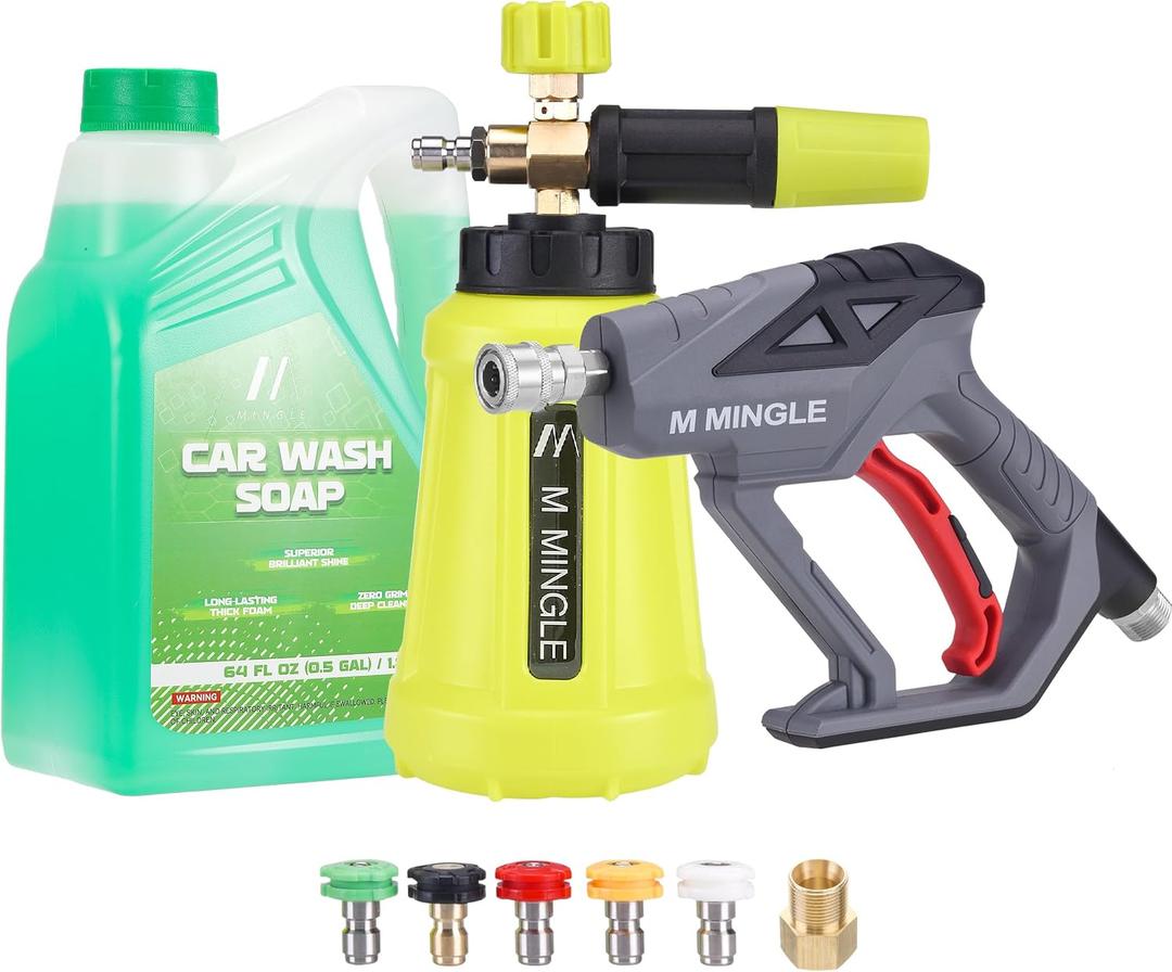 M MINGLE Pressure Washer Gun with Foam Cannon, 64 Fl Oz Car Wash Soap & 5 Power Washer Nozzle Tips, Car Wash Foam Gun for Car Washing, Patio Cleaning
