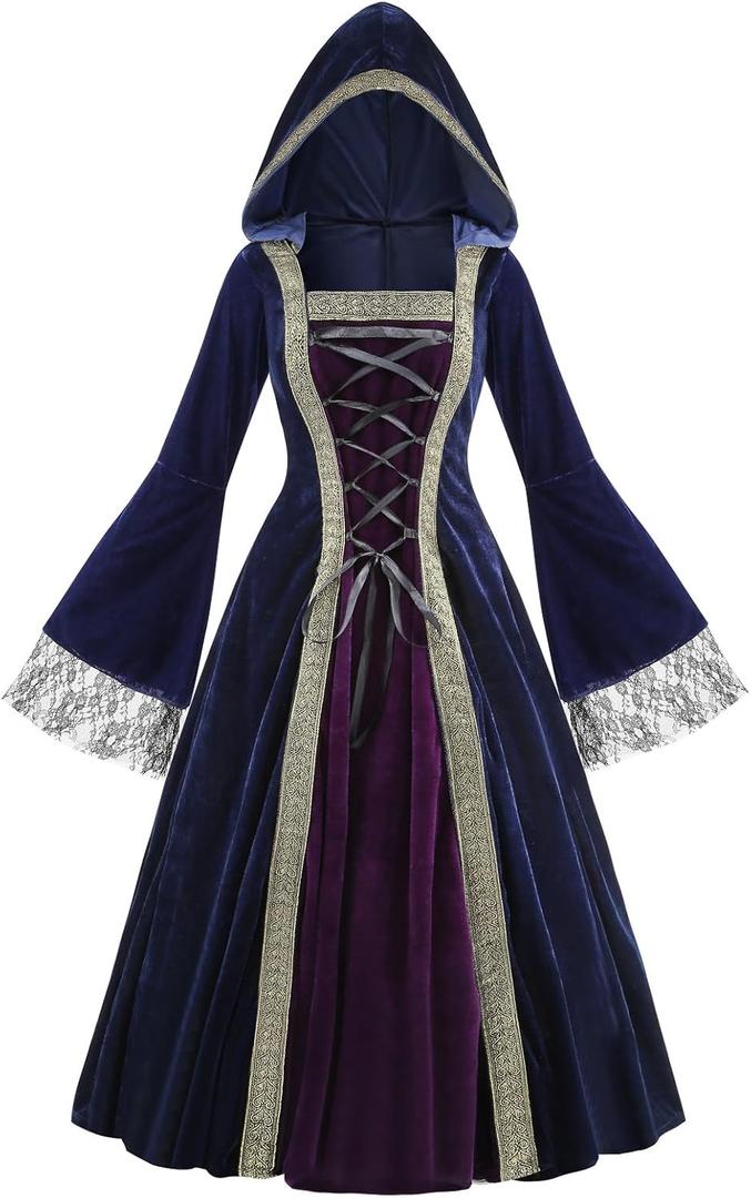 Colorful House Women Medieval Tea Party Dress Victorian Era Bubble Sleeves Velvet High Waist Long Dress with Belt and Gloves (Large, Blue/Purple)