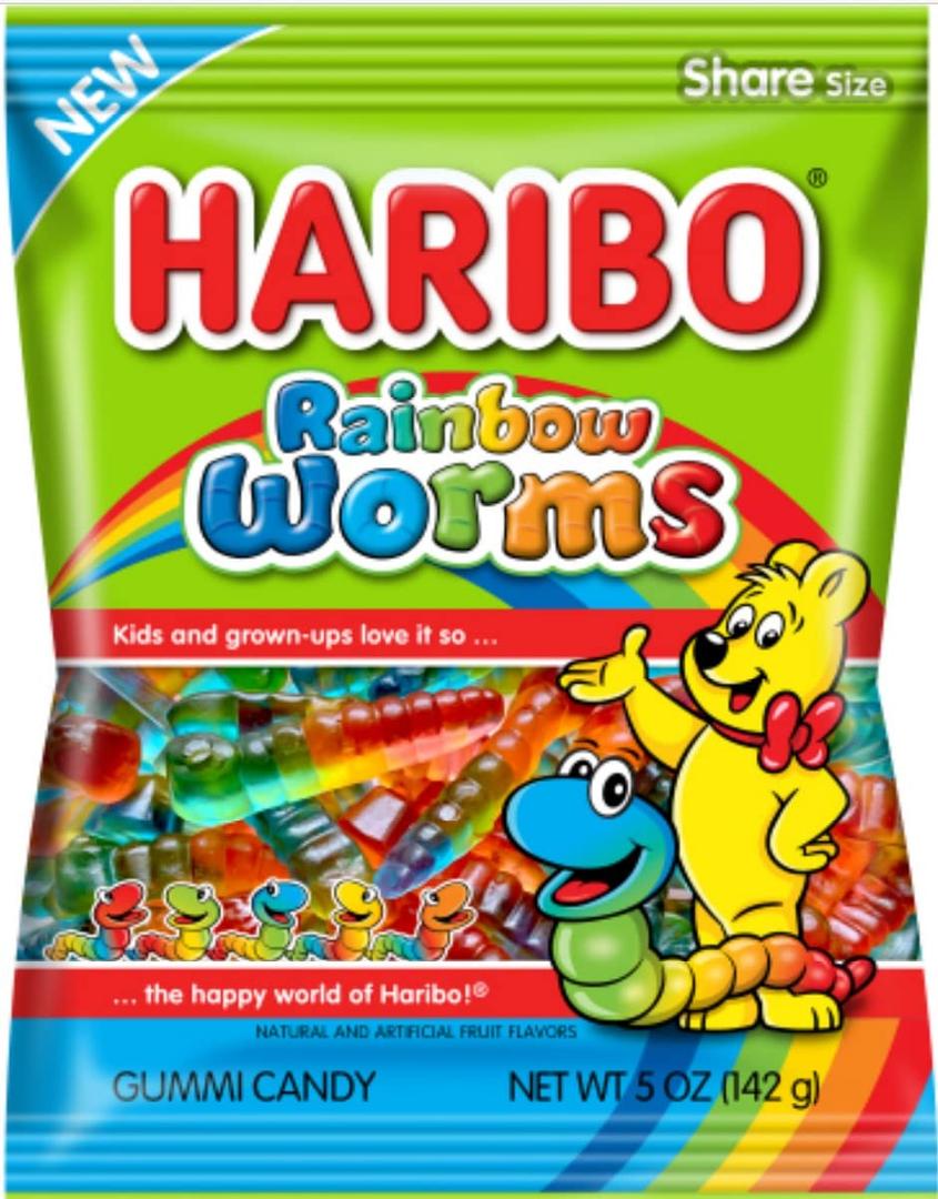 HARIBO Gummi Candy, Rainbow Worms, 5 oz. Bag (Pack of 12) (EXP 10/01/25)